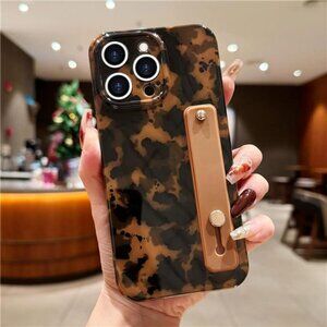 Ip 16 15 14 Pro Pro Max Chic Leopard Tortoise Shell iPhone Case Wrist Strap